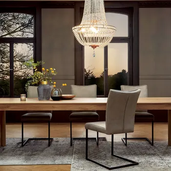 Großer Esstisch aus Massivholz, um den mehrere Stühle mit und ohne Armlehne stehen.