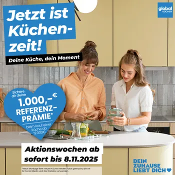 Aktions-Banner zur Global Küchen Aktion. Man kann sich 1.000€ Referenzprämie beim Kauf einer Küche ab 12.000€ sichern.