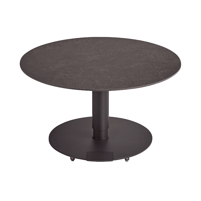 Verschiedene Varianten eines Couchtisches mit runder oder eckiger Tischplatte aus Keramik.