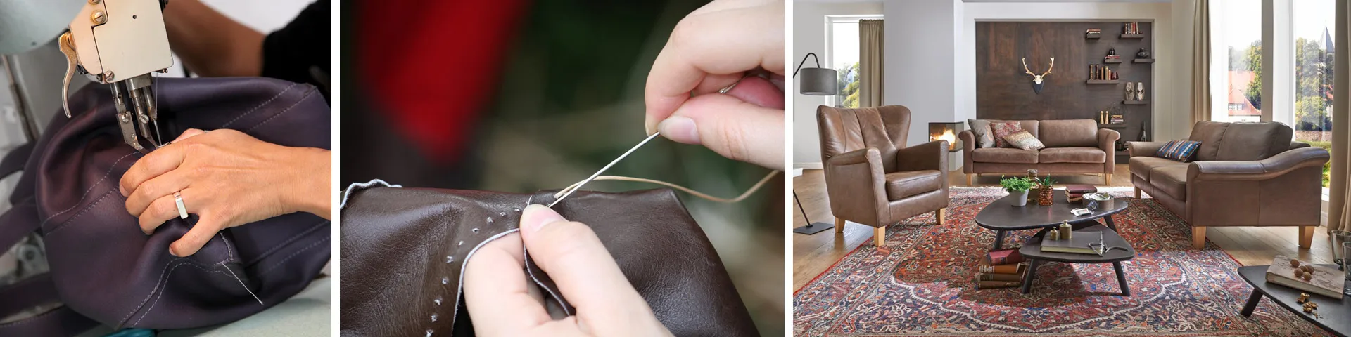 Ledernähte und Ledersofas in stylischem Wohnzimmer