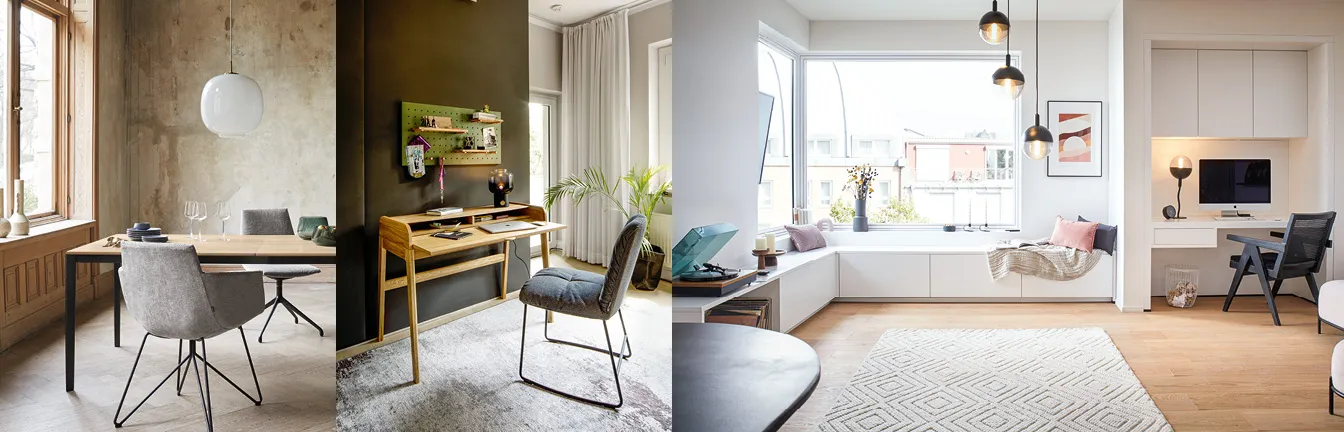 Drei Raumansichten zeigen die zeitlosen Designs verschiedener Möbelstücke.