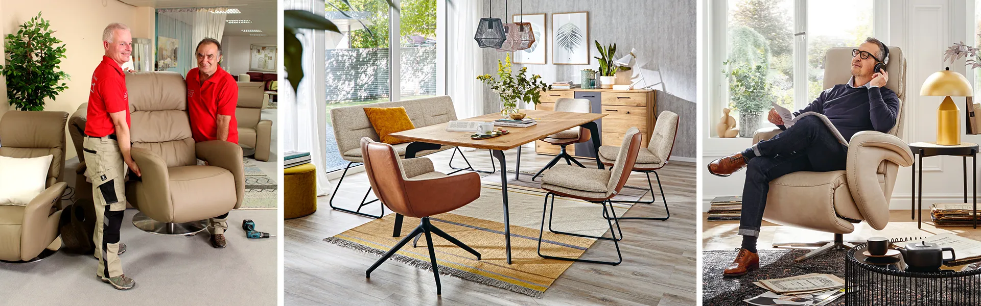 Abverkauf: Männer tragen Sessel im Möbelhaus, Holztisch mit Stühlen in Naturfarben, Mann auf sandfarbenem Sessel sitzend