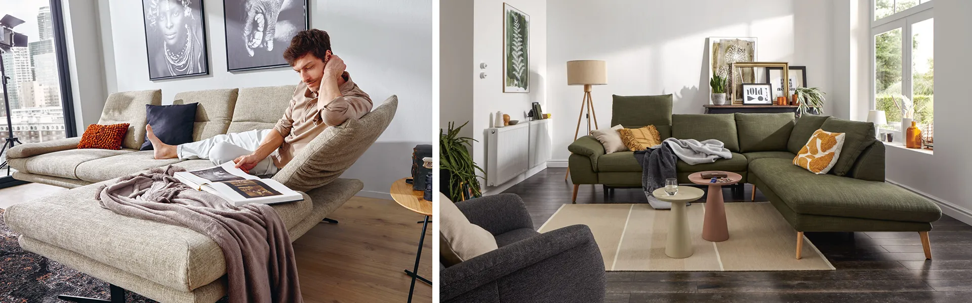 Mann auf ergonomischen Sofa in Naturfarben mit Buch und Decke, Global Sofa Gotera