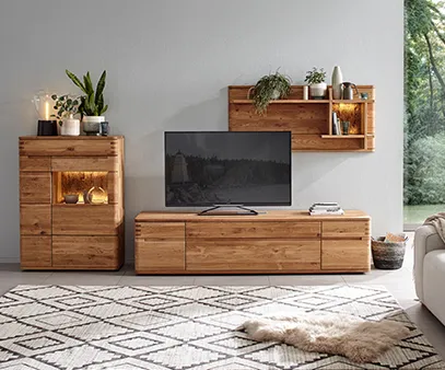 Natura Home Cartago Soft rustikale Wohnwand aus Massivholz Eiche für TV und Stauraum