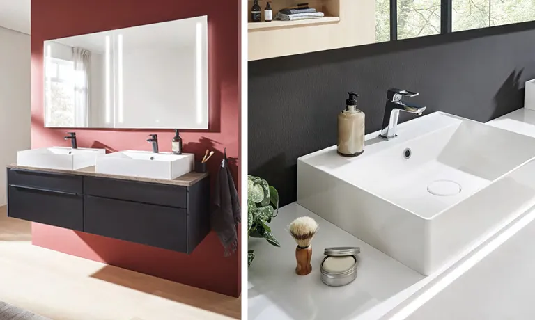 Waschbeckentische in Schwarz vor roter Wand, in Weiß und Hochglanz und in schöner Holzoptik