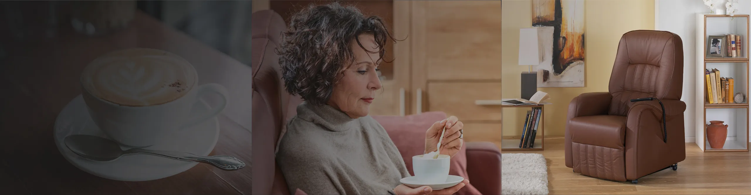 Frau sitzt im Sessel und trinkt eine Tasse Kafee, Tasse Kaffee mit Foamart auf edlem Holztisch, Brauner Ledersessel im Wohnzimmer