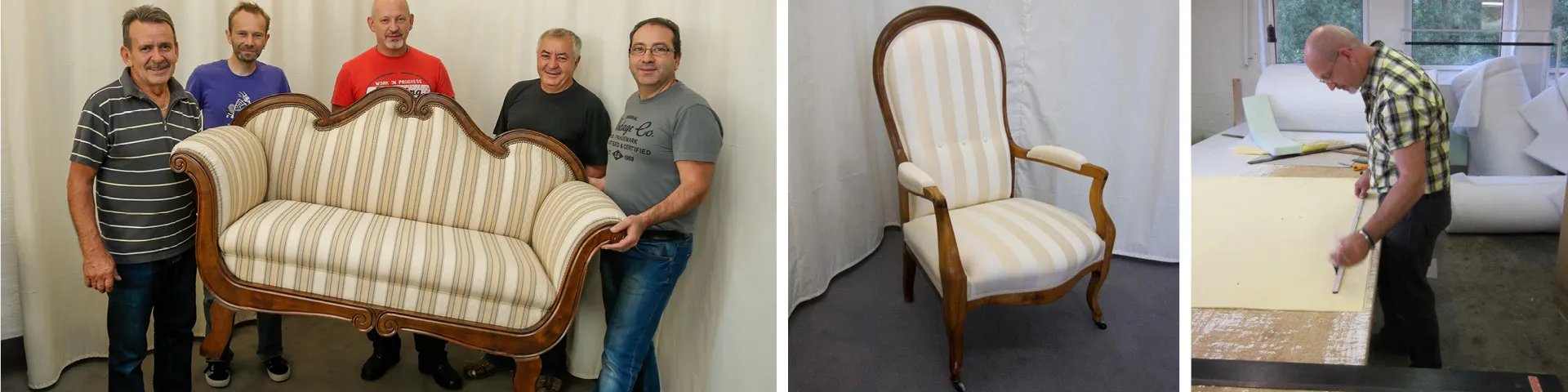Fünf Männer halten restauriertes Polstersofa, Stuhl aus der Polsterei in Dortmund, Polsterer bei der Arbeit