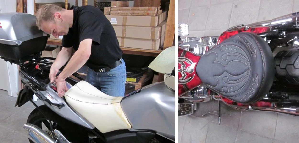 Motorrad Sattler bei der Arbeit, Motorräder in Silber und Rot mit neu gepostertem Motorradsitz