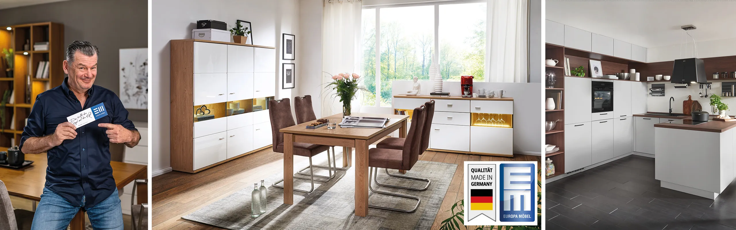 Mark Kühler mit EMC-Schild, Esszimmereinrichtung mit Tisch, Stühlen, Highboard und Sideboard und Küche mit weißen Küchenfronten.