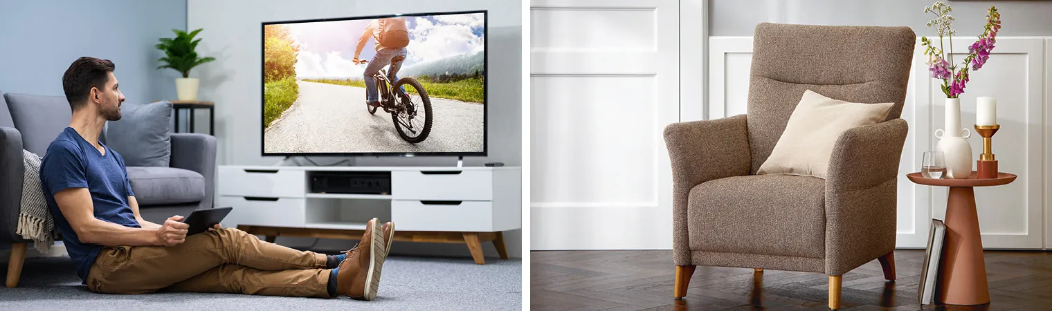Ein Fernsehsessel im Wohnzimmer sorgt für Gemütlichkeit und Komfort. Komplettiert wird er durch den passenden Hocker.
