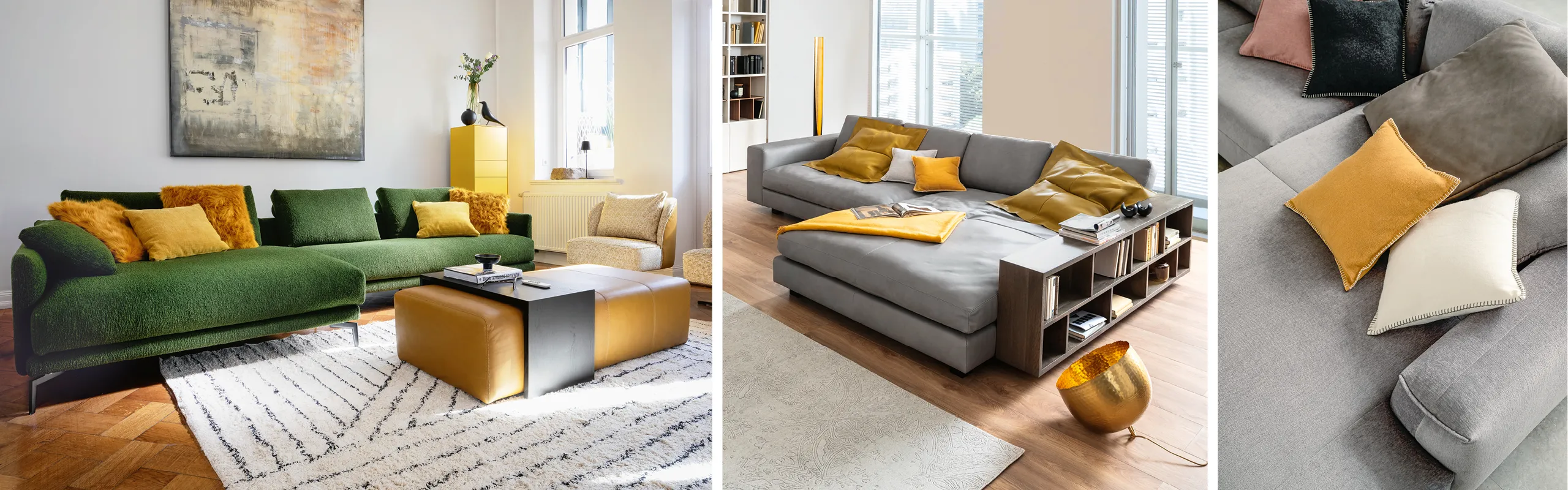 Die Couch prägt den Eindruck des Wohnzimmers in Sachen Stil, Form und Farbe.