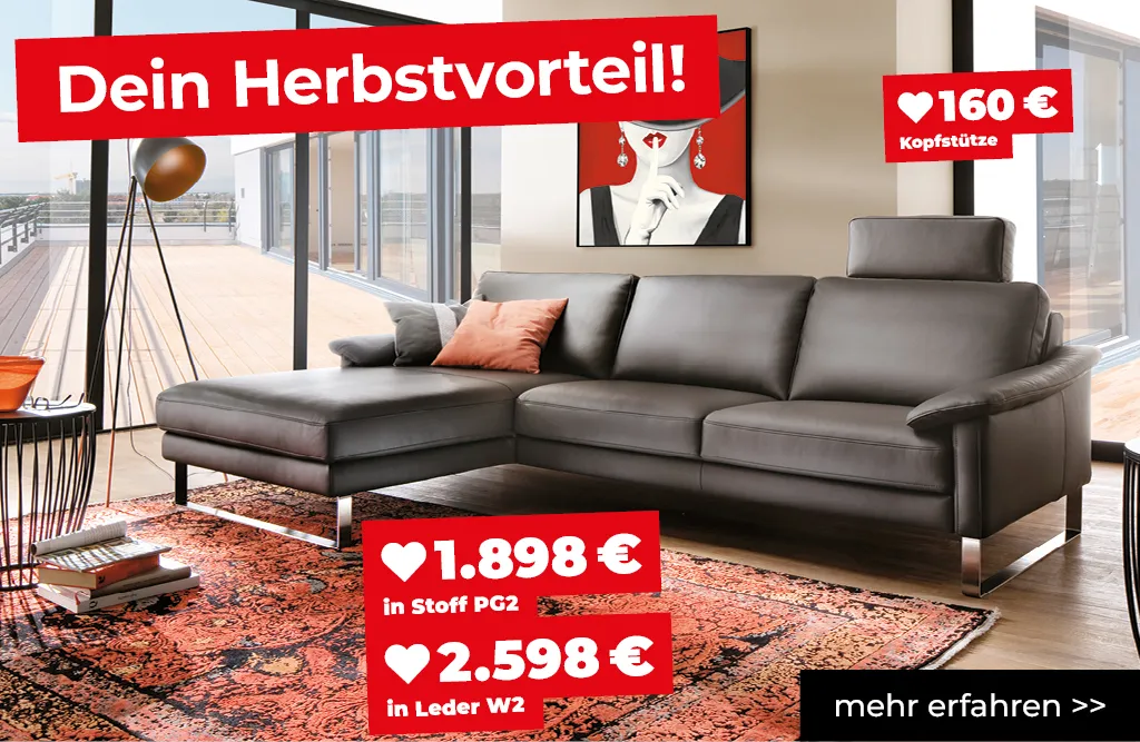 Elegantes Sofa mit Longchair und Kopfstütze wahlweise in Stoff oder Leder. Komfortables Designersofa im Herbstangebot ab 1.898 Euro in Stoff oder 2.598 Euro in Leder für modernes Wohnen mit Stil.