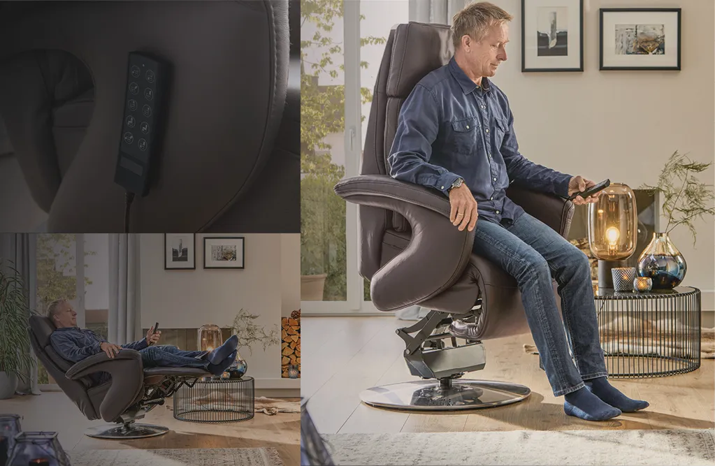 Mann sitzt in graubraunem Relaxsessel in verschiedenen Positionen