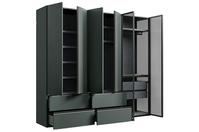 Matte Oberflächen in Kombination mit Glastüren wirken besonders elegant.