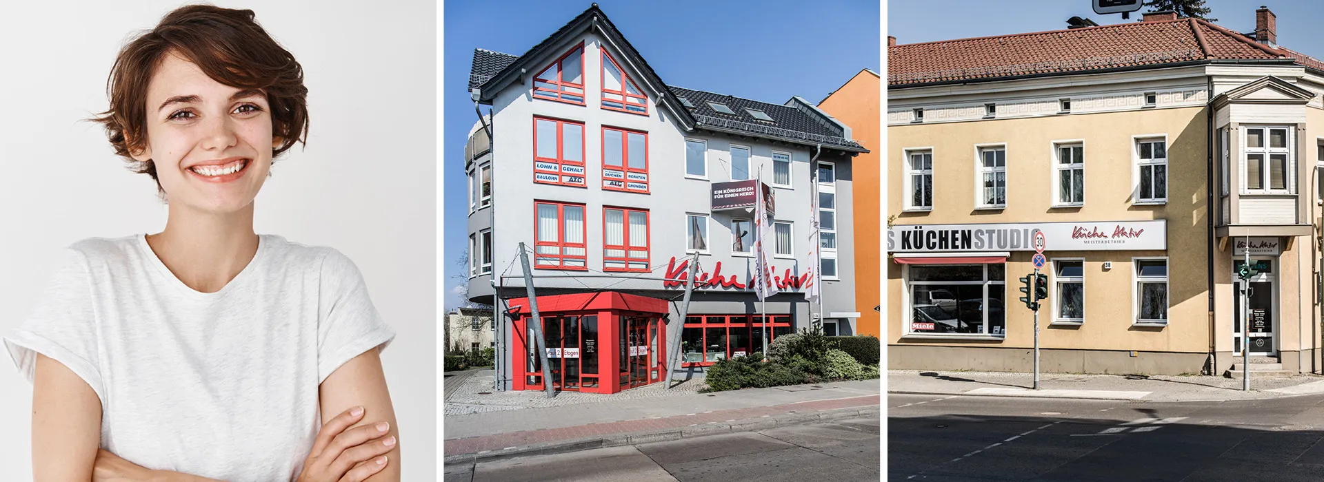 Lachende Frau und Küche Aktiv Hausfassaden