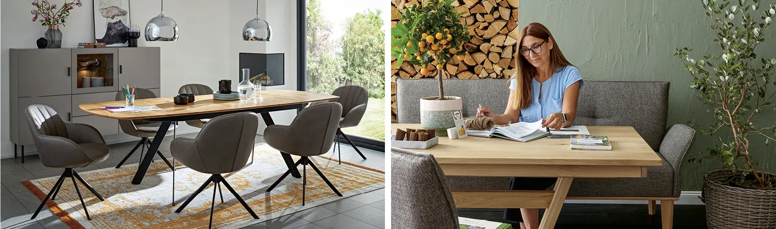 Polsterstühle oder eine Polsterbank sorgen für mehr Komfort und vervollständigen den Look in Ihrem Esszimmer.