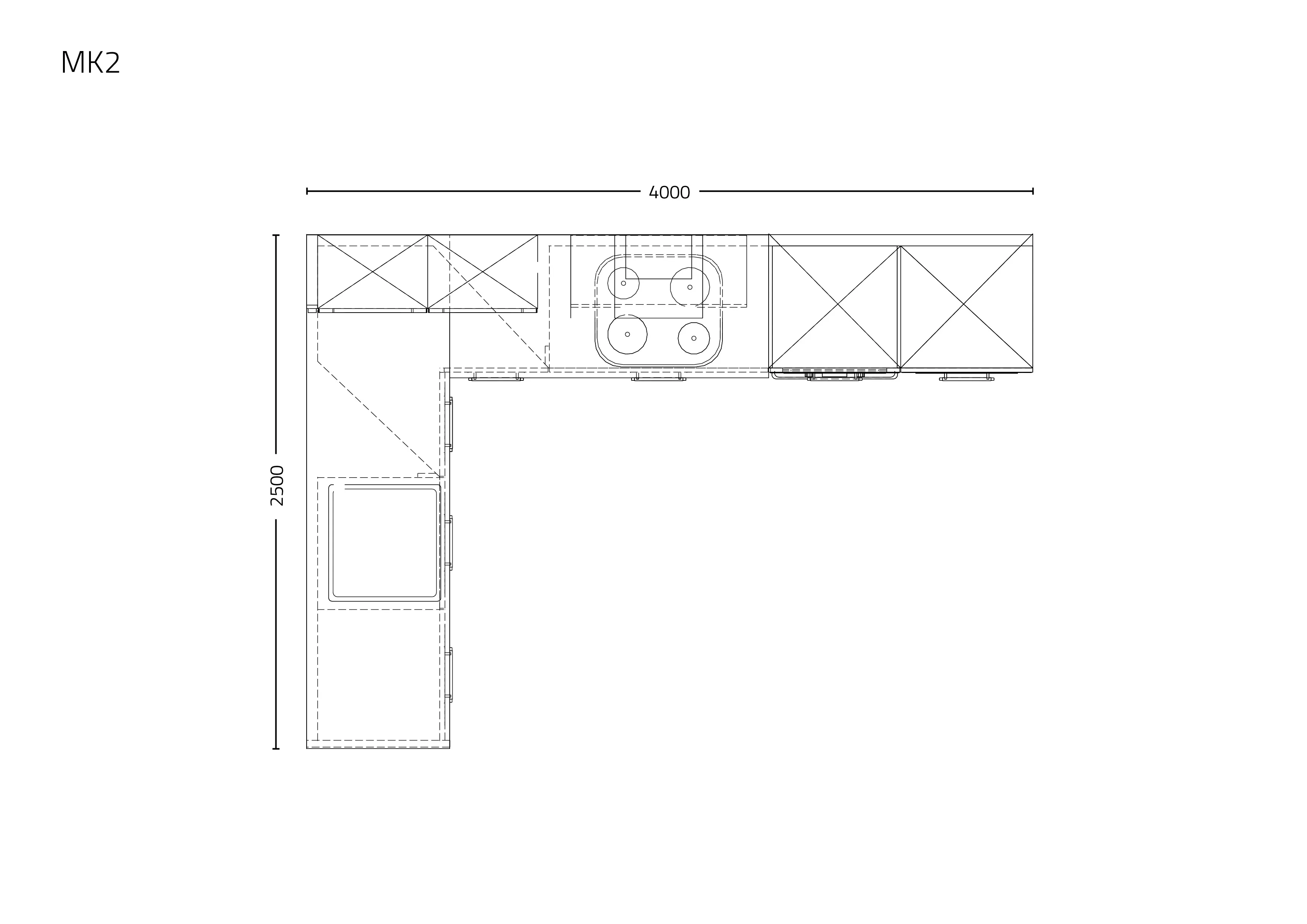Technische Küchenzeichnung mit Frontansicht und Maßangaben. Darstellung einer modernen Küchenplanung mit Hängeschränken, Unterschränken, Herd, Dunstabzugshaube und Spüle – ideal für präzise Küchenkonfiguration und Designplanung.