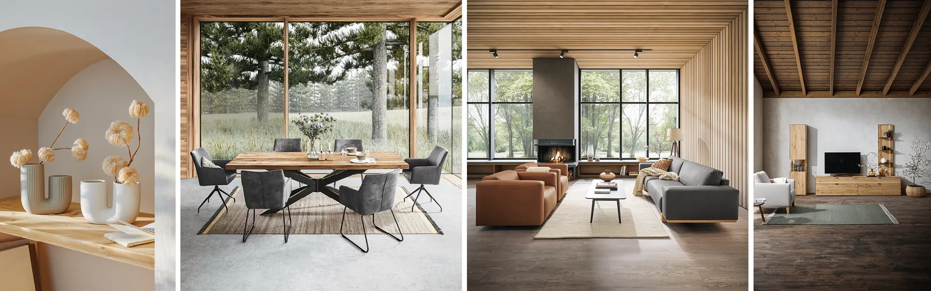 Dekoration in Pastellfarben, Esstisch aus Holz mit grauen Stühlen, Ledersofas in Braun und Grau, Couch in Naturtönen in Zimmern mit Holzverkleidung und vielen Naturmaterialien