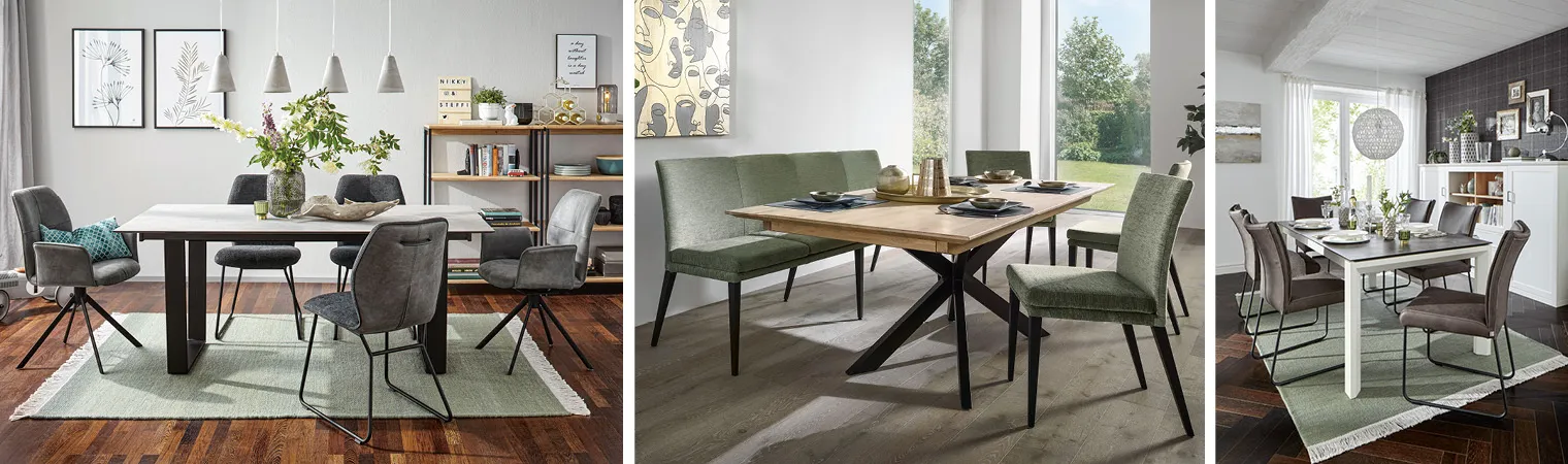 Wenn das Design der Polsterstühle und der Polsterbank zum Stil der restlichen Einrichtung passen, entsteht ein rundes Bild im Esszimmer