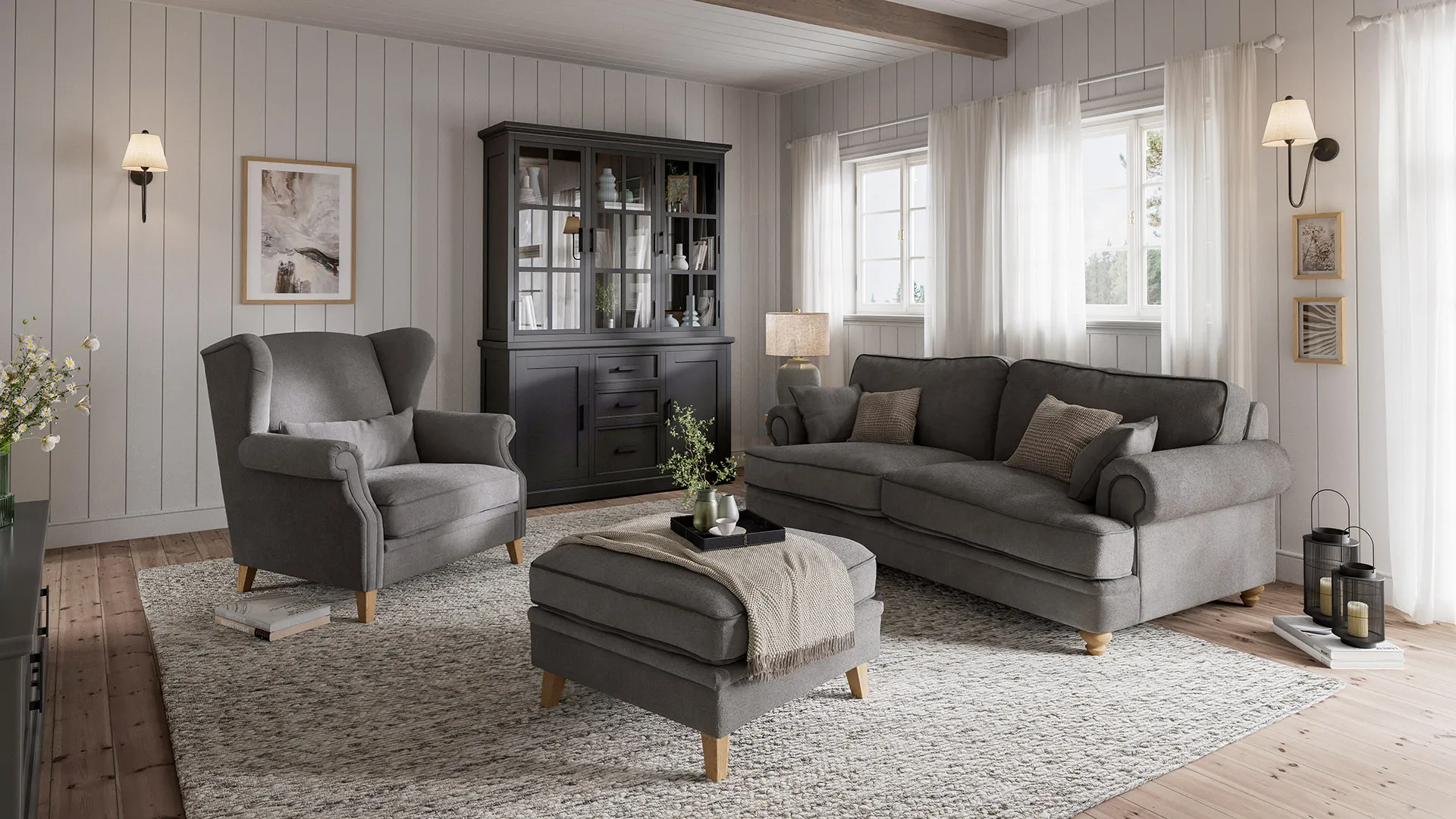 Sofa & Hocker in Grau mit Buffetschrank Litchfield im Hintergrund