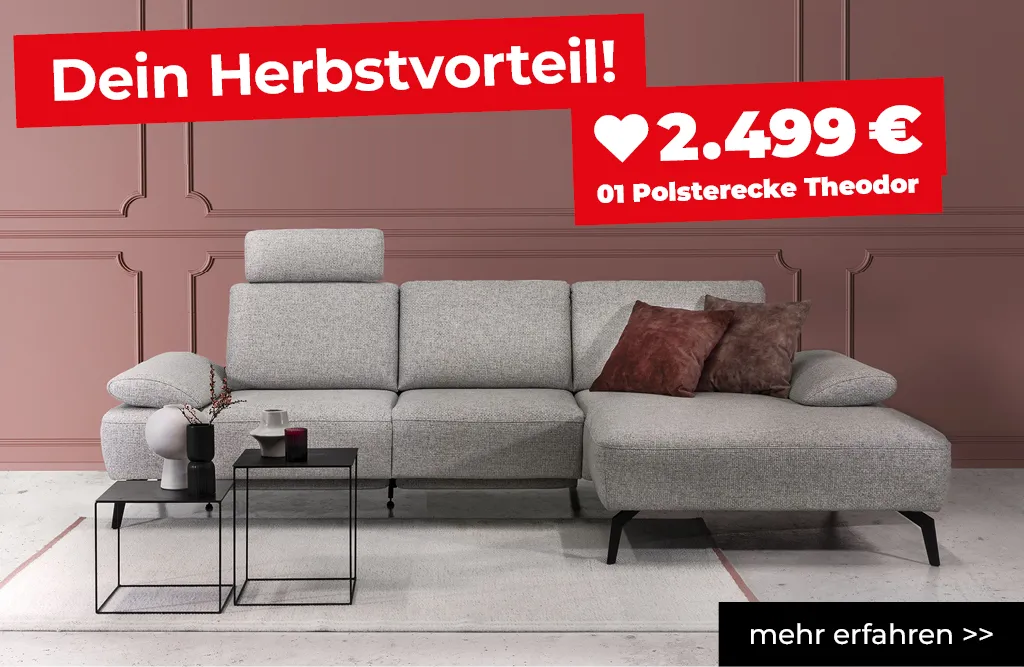 Moderne Polsterecke Theodor in grauem Stoffbezug mit Kopfstütze und gemütlicher Liegefläche. Hochwertiges Sofa im Angebot zum Herbstvorteil für 2.499 Euro, ideal für stilvolle Wohnzimmergestaltung.