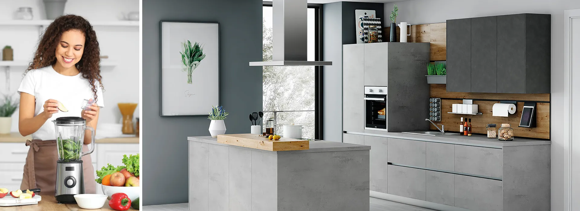 Frau in Küche mit Mixer und stylische Betonlook-Küche