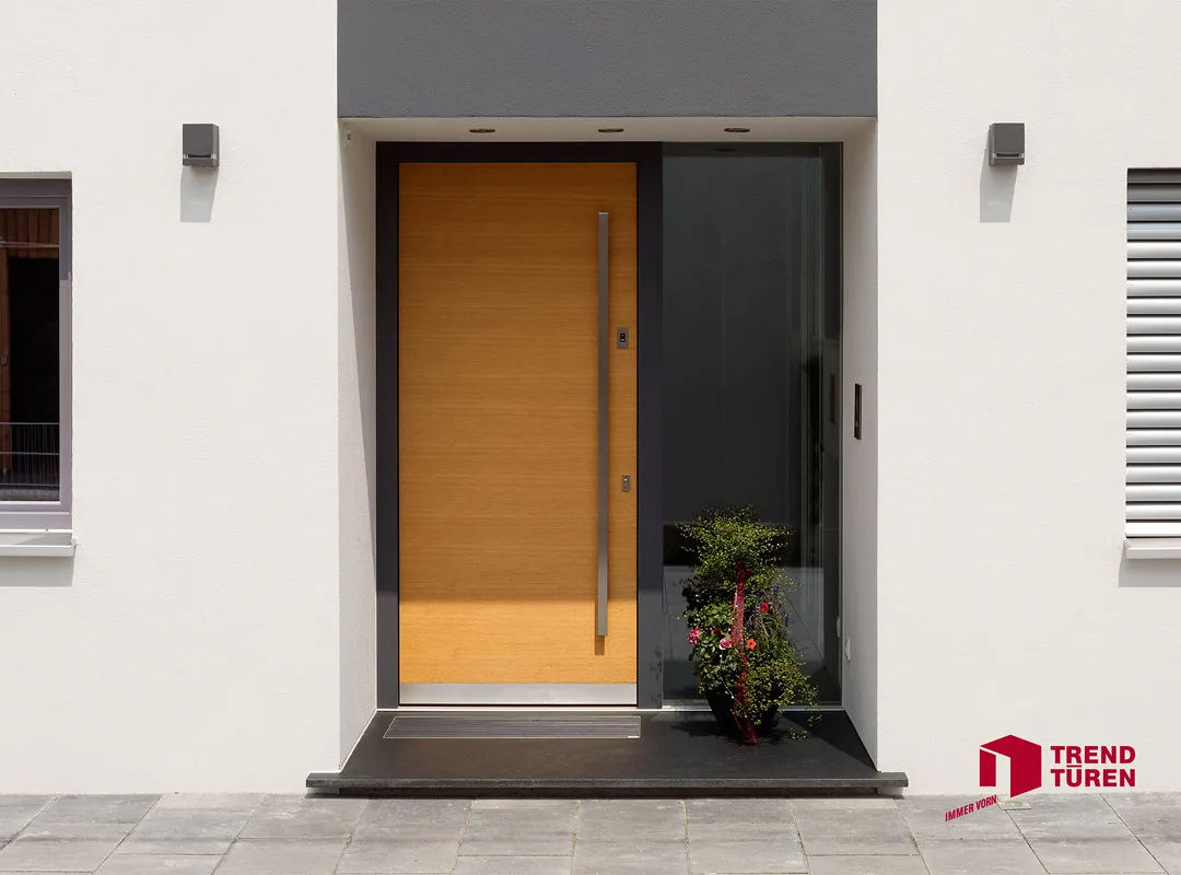 moderne Haustür mit Fingerprint-Öffnung, Holz und Glaselement