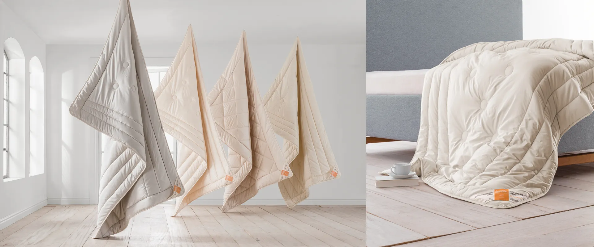 Decken von dormiente® aus Naturmaterialien nebeneinander aufgehängt