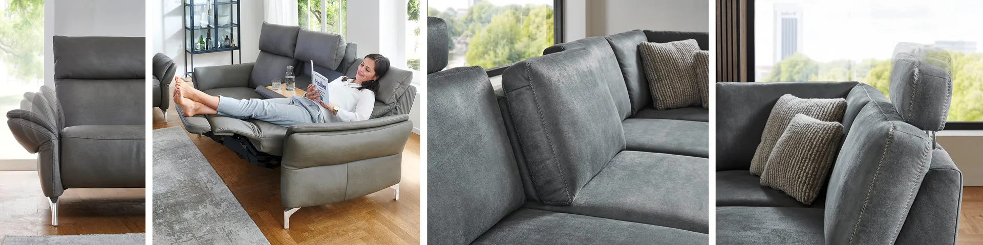 Sitzhöhe, Sitztiefe, Armlehne, Kopfstütze, Beinstütze und Rückenlehne lassen sich leicht beim Funktionssofa verstellen. 