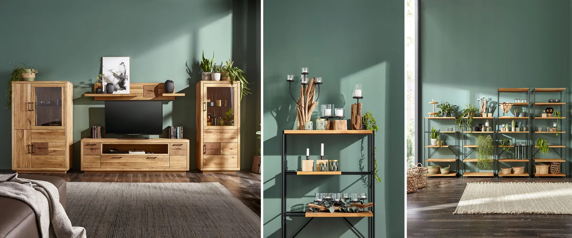 NATURA HOME Möbel fürs Wohnzimmer: Wohnwand und Regale aus Massivholz mit schönen Glasapplikationen und Metallelementen