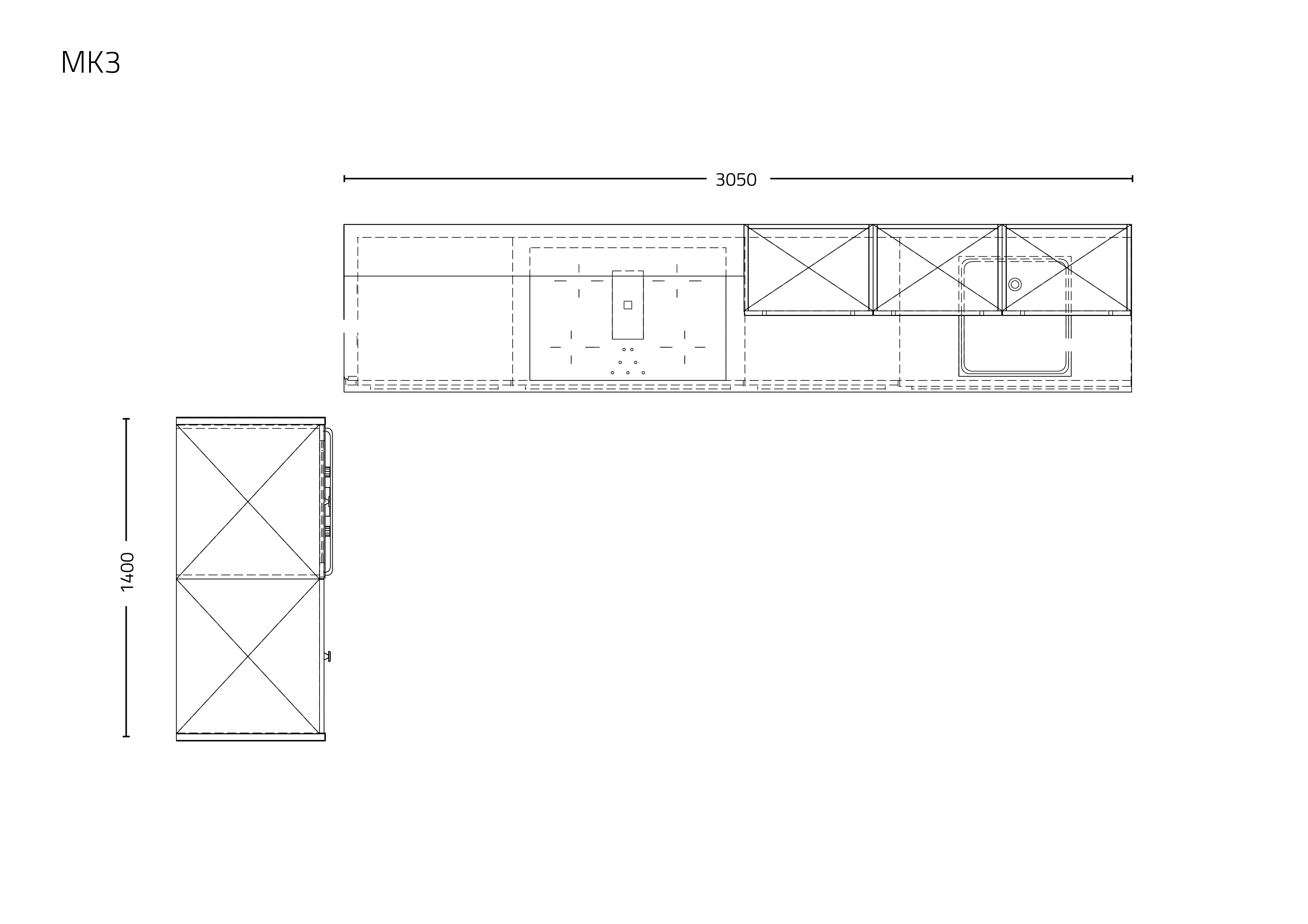Technische Küchenzeichnung mit Draufsicht und Maßangaben. Darstellung einer modernen Küchenplanung mit Hängeschränken, Unterschränken, Herd, Dunstabzugshaube und Spüle – ideal für präzise Küchenkonfiguration und Designplanung.