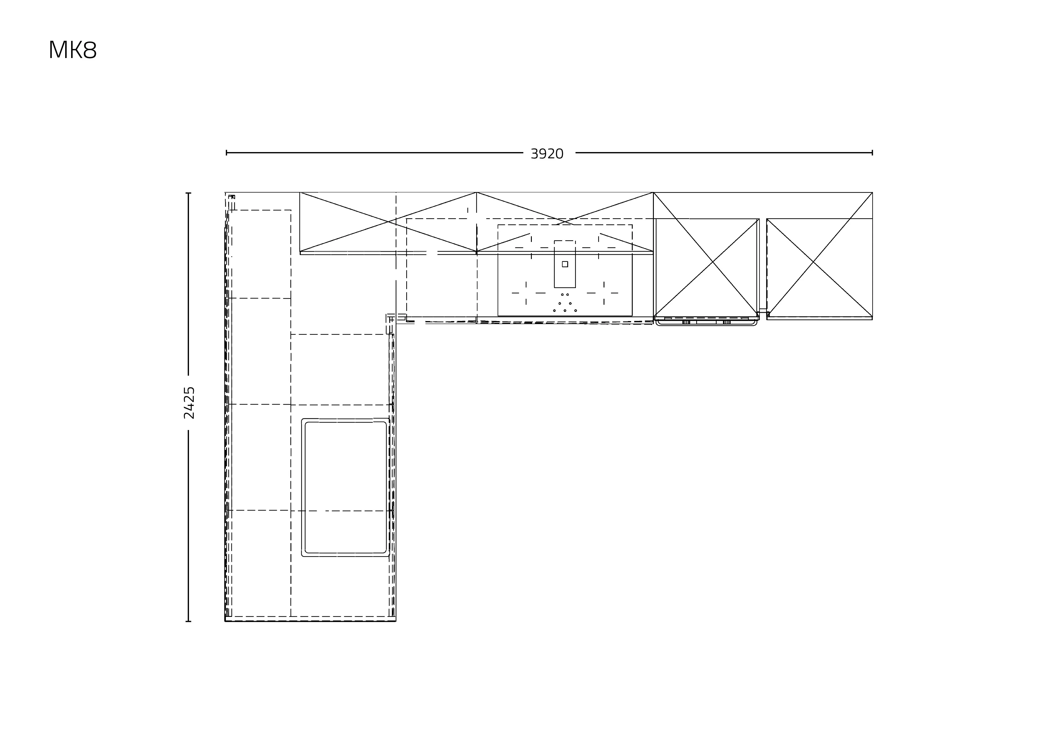 Technische Küchenzeichnung mit Draufsicht und Maßangaben. Darstellung einer modernen Küchenplanung mit Hängeschränken, Unterschränken, Herd, Dunstabzugshaube und Spüle – ideal für präzise Küchenkonfiguration und Designplanung.