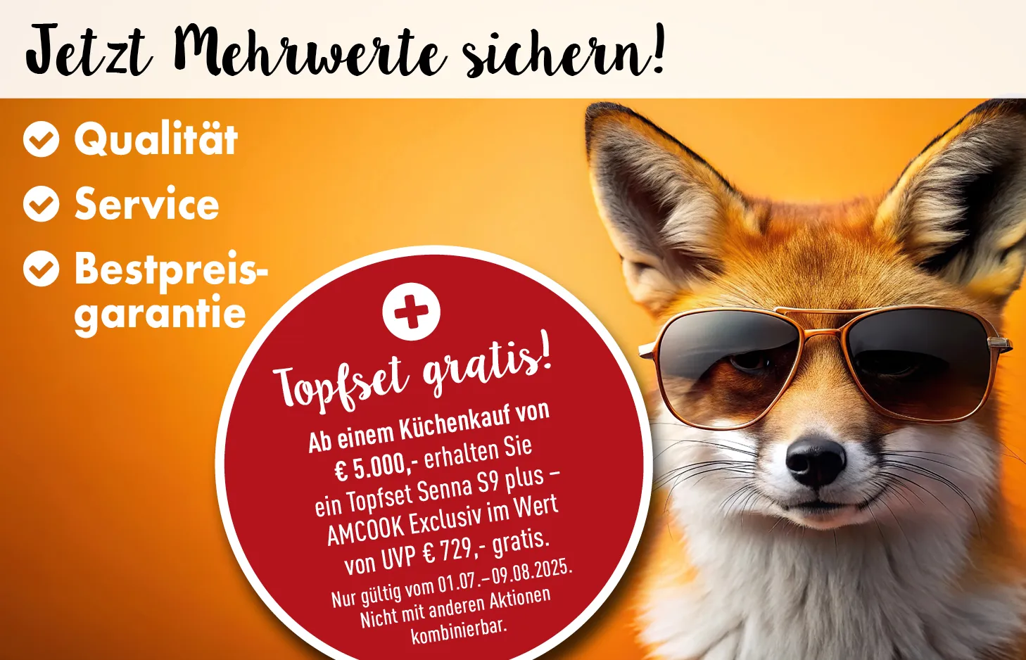 Jetzt Mehrwerte sichern - Fuchs mit Sonnenbrille vor orangefarbenen Hintergrund