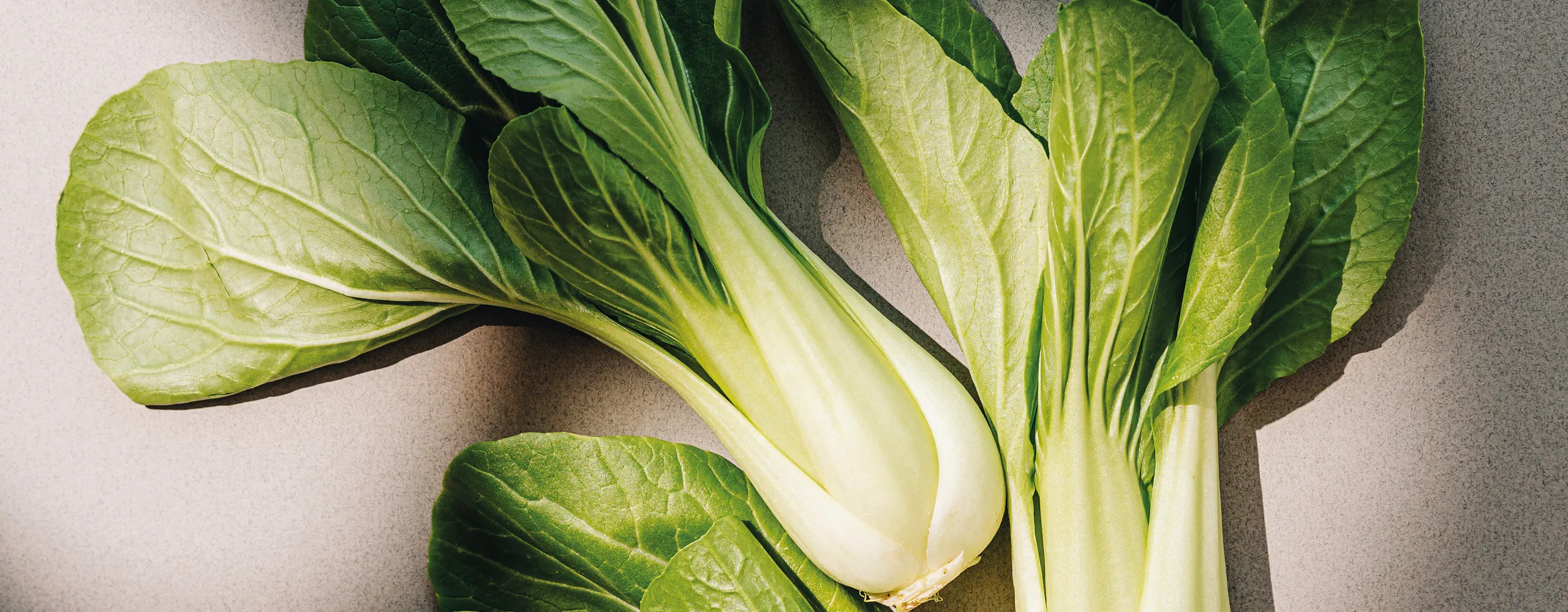 Frischer Pak Choi mit knackigen grünen Blättern und hellen Stielen auf heller Arbeitsfläche. Vitaminreiches asiatisches Gemüse, ideal für gesunde Ernährung, frische Küche und kreative Kochideen.