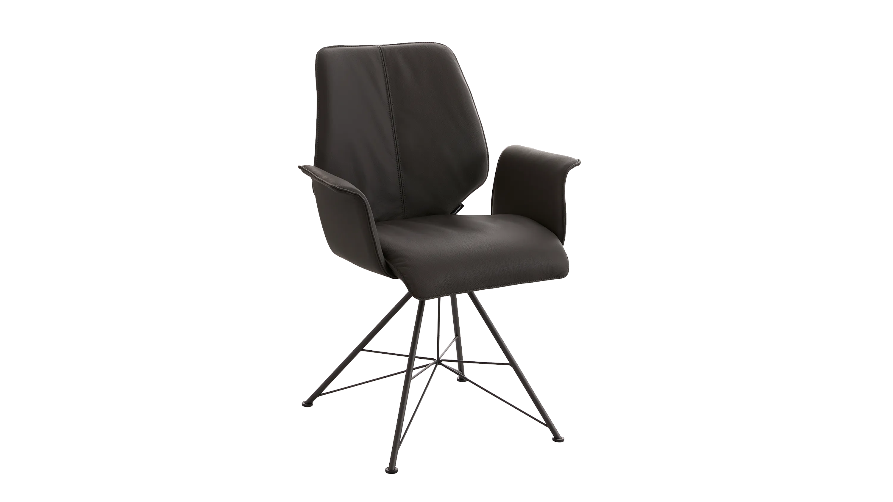 Ein echtes Design-Statement fürs Esszimmer mit dem Armlehnstuhl Penthouse in schwarzem Leder uns Spinngestell.