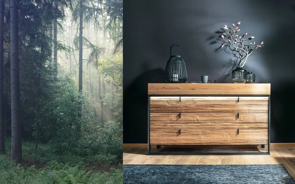 Waldbild neben einem aus Holz gefertigten Möbelstück.