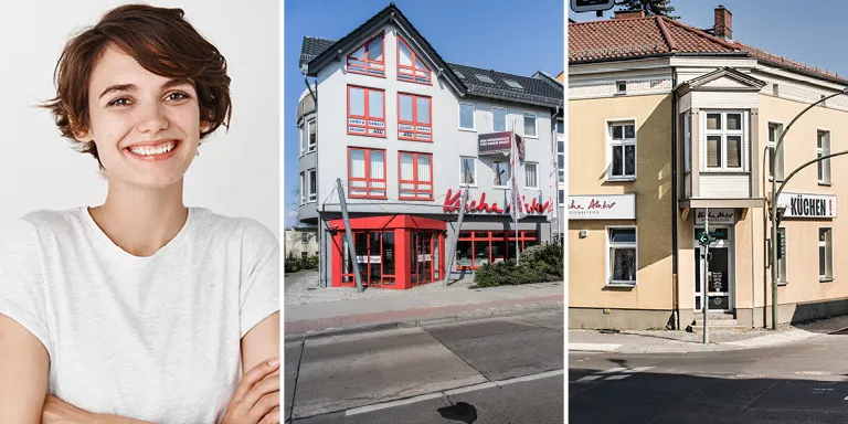 Lachende Frau und Küche Aktiv Hausfassaden