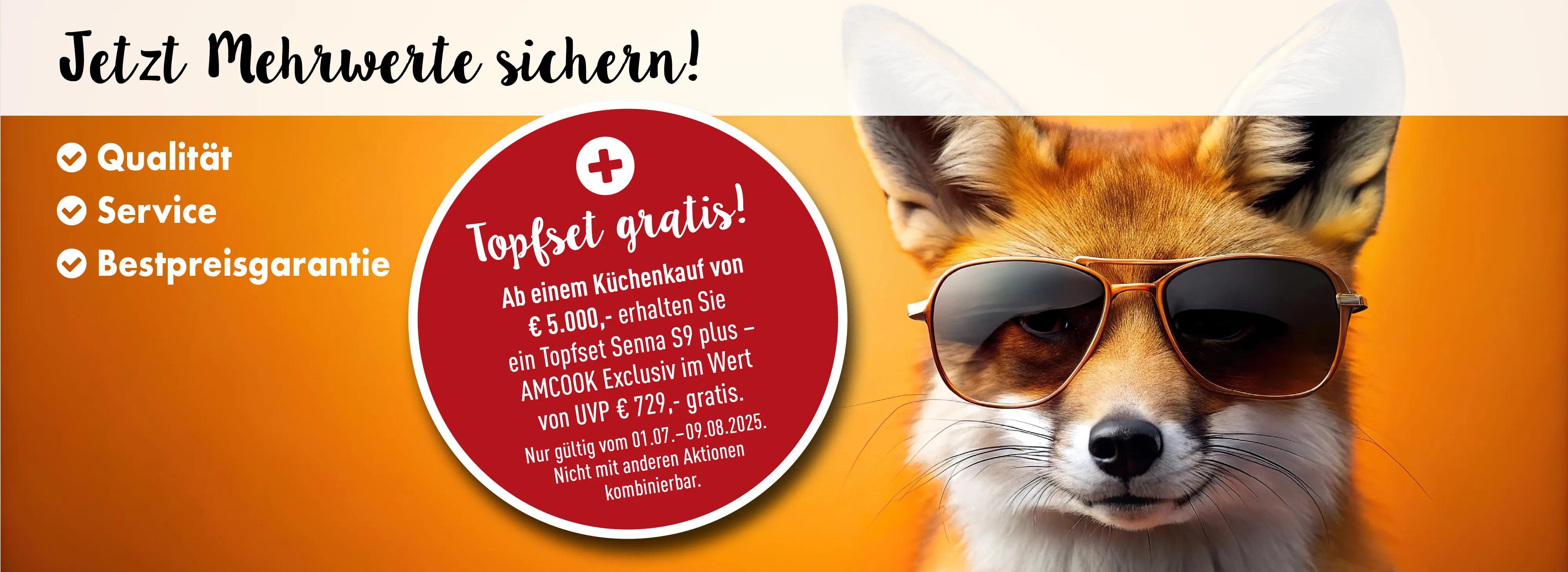 Jetzt Mehrwerte sichern - Fuchs mit Sonnenbrille vor orangefarbenen Hintergrund