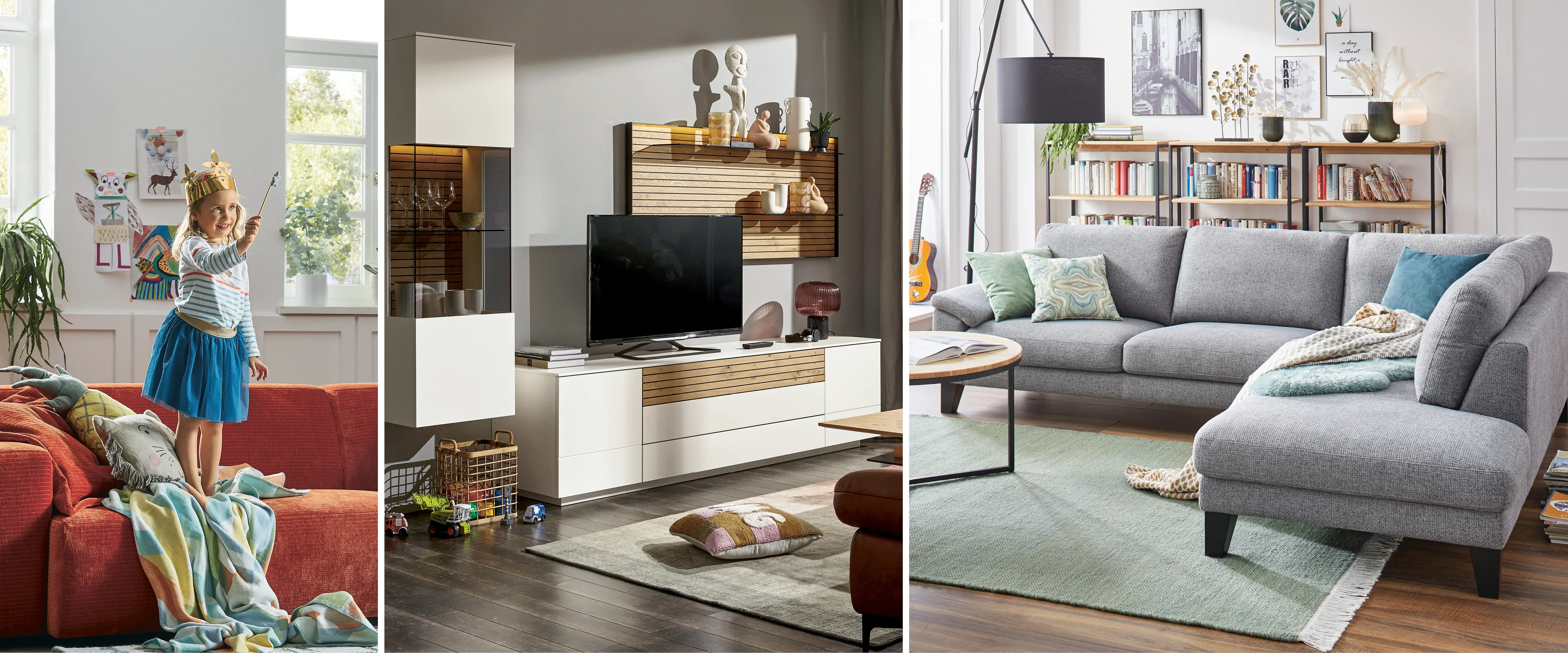 Moderne Wohnwand mit TV und Vitrine, graues Ecksofa mit runden Couchtischen von Global Family