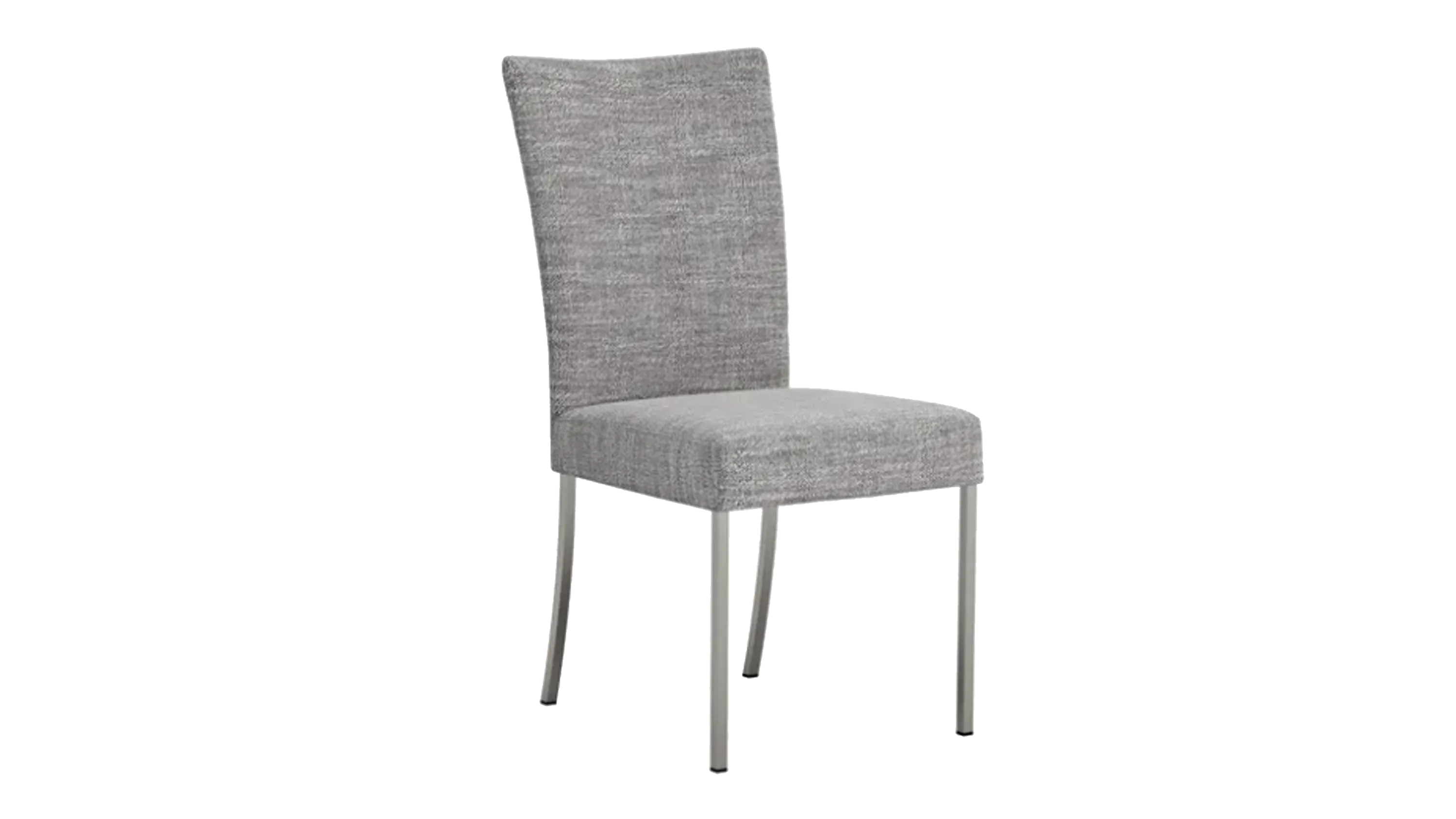 Ein Klassiker im Esszimmer: Der Contur Penthouse Stuhl mit hellgrauem Stoffbezug und silbernem Vierfußgestell.