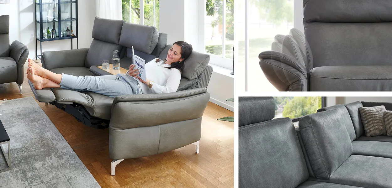 Sitzhöhe, Sitztiefe, Armlehne, Kopfstütze, Beinstütze und Rückenlehne lassen sich leicht beim Funktionssofa verstellen. 