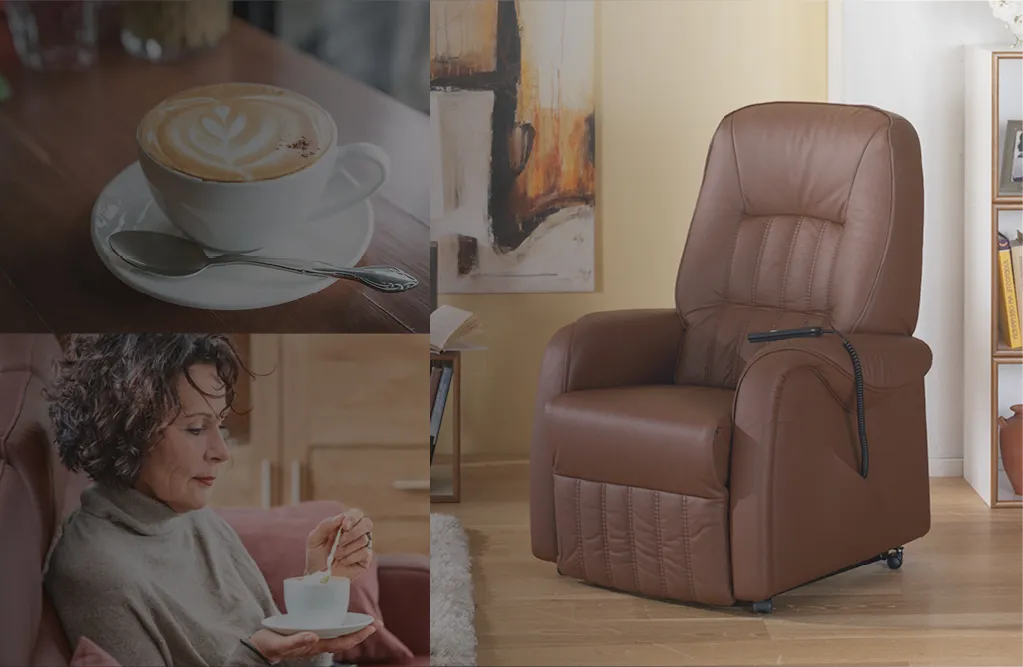 Frau sitzt im Sessel und trinkt eine Tasse Kafee, Tasse Kaffee mit Foamart auf edlem Holztisch, Brauner Ledersessel im Wohnzimmer