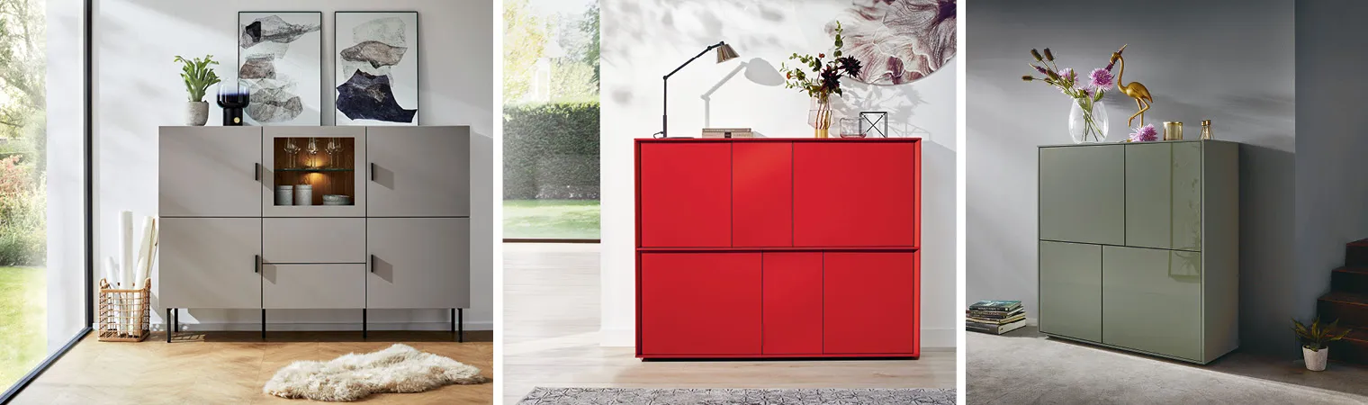 Sideboards und Highboards liefern nicht nur Stauraum fürs Wohnzimmer, sondern können bei passender Farb- und Design-Wahl den Raum auch optisch aufwerten.
