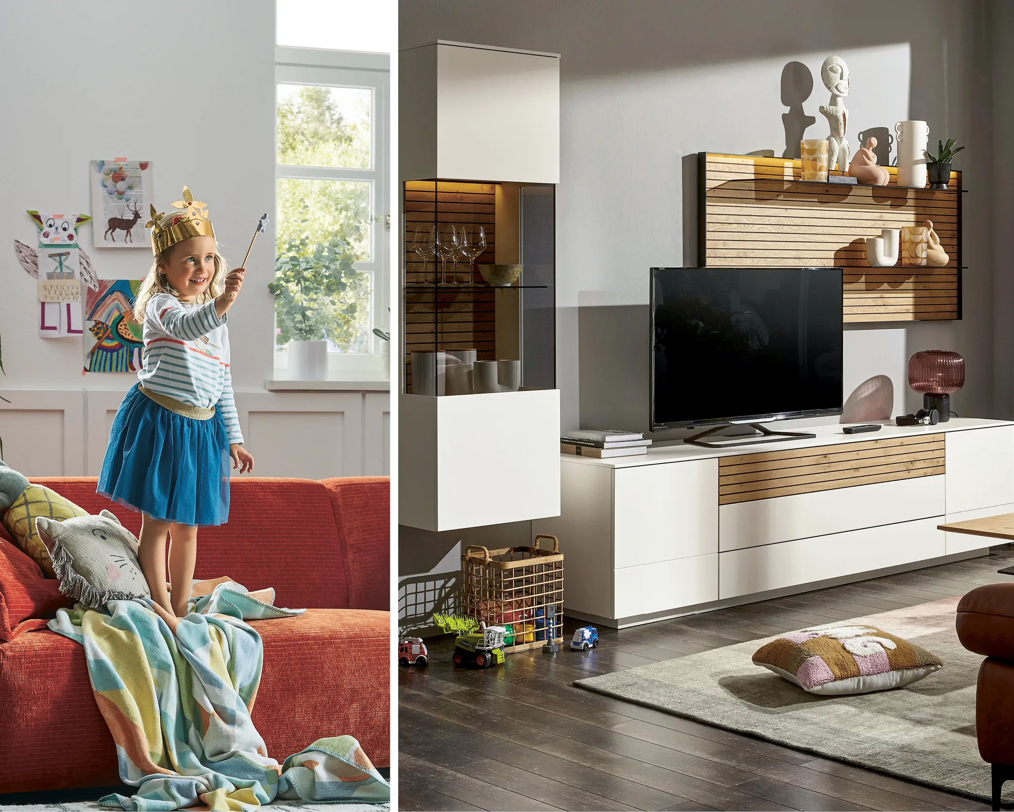 Moderne Wohnwand mit TV und Vitrine, graues Ecksofa mit runden Couchtischen von Global Family
