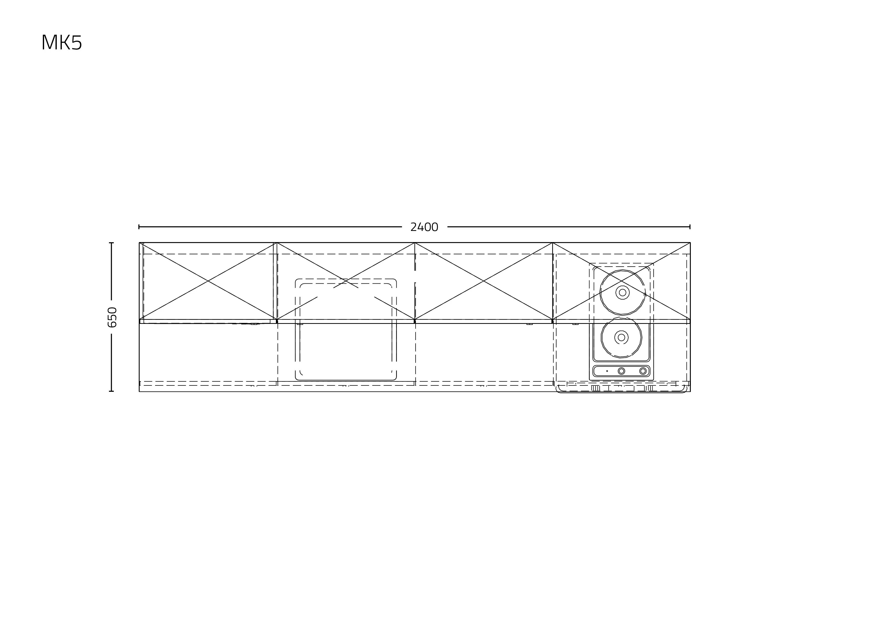 Technische Küchenzeichnung mit Draufsicht und Maßangaben. Darstellung einer modernen Küchenplanung mit Hängeschränken, Unterschränken, Herd, Dunstabzugshaube und Spüle – ideal für präzise Küchenkonfiguration und Designplanung.
