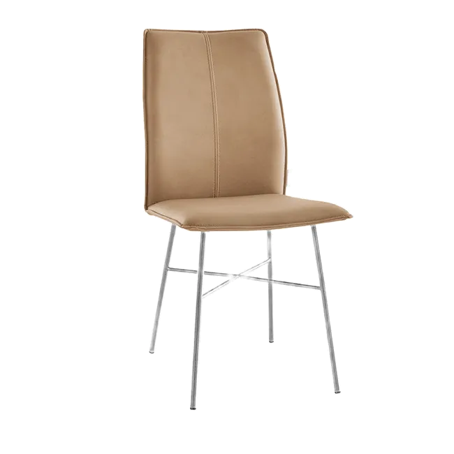 Esszimmerstuhl mit Edelstahl Gestell und veganem Leder Bezug in Taupe.