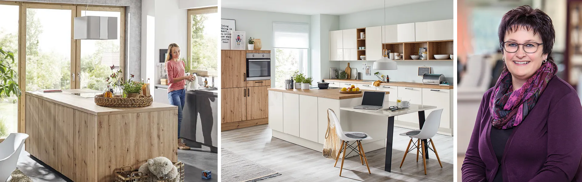 Kücheninsel in Holzoptik, hinter der eine Frau in der Küche steht sowie Seitenansicht einer Küchenzeile mit weißen fronten und Holzapplikationen, im Essbereich: Kind spielt unter Esstisch aus Holz, an dem ein Mann und eine Frau sitzen und sich unterhalten