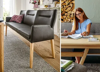 Frau auf Sitzbank an einem Holztisch im Esszimmer. 