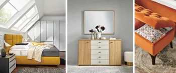 Kommoden, Bettkästen und aufklappbare Sitzbänke bieten neben dem Kleiderschrank ausreichend Stauraum im Schlafzimmer.