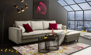 Hellgraues Sofa mit roten Kissen in stylischem Wohnzimmer